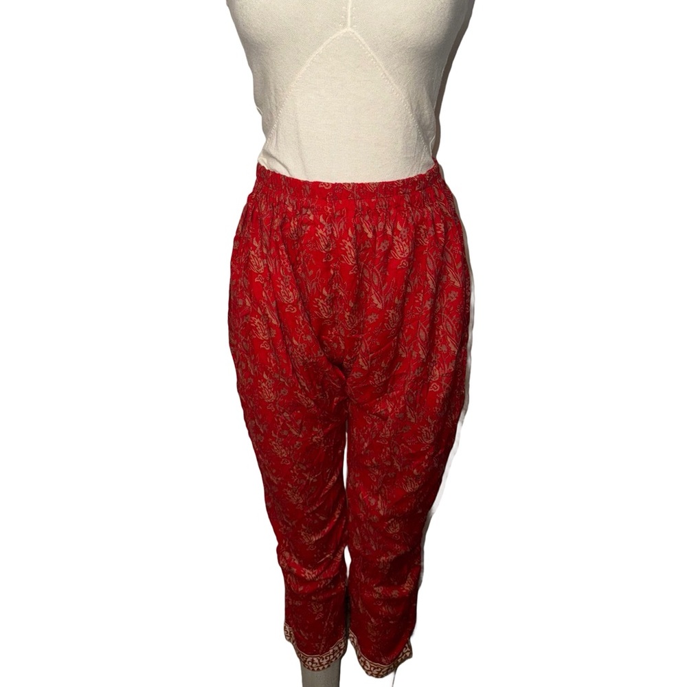 Red Floral Harem Pants with Gold Detailing (Fits Sizes M to XXL)